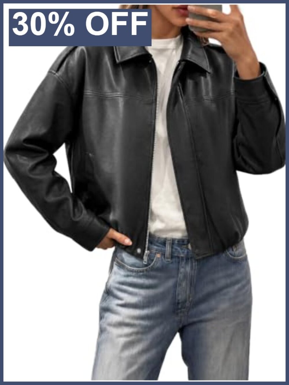 Womens Cropped Faux Leather Jacket Oversized Bomber Zip Up Coat